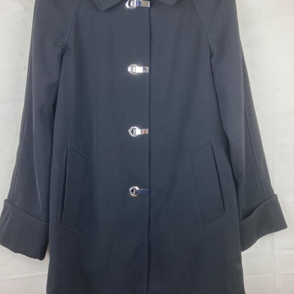 Michael Kors Womens XS Trench Coat Jacket Black Silver Clasp Buttons Pockets Des - Picture 3 of 7